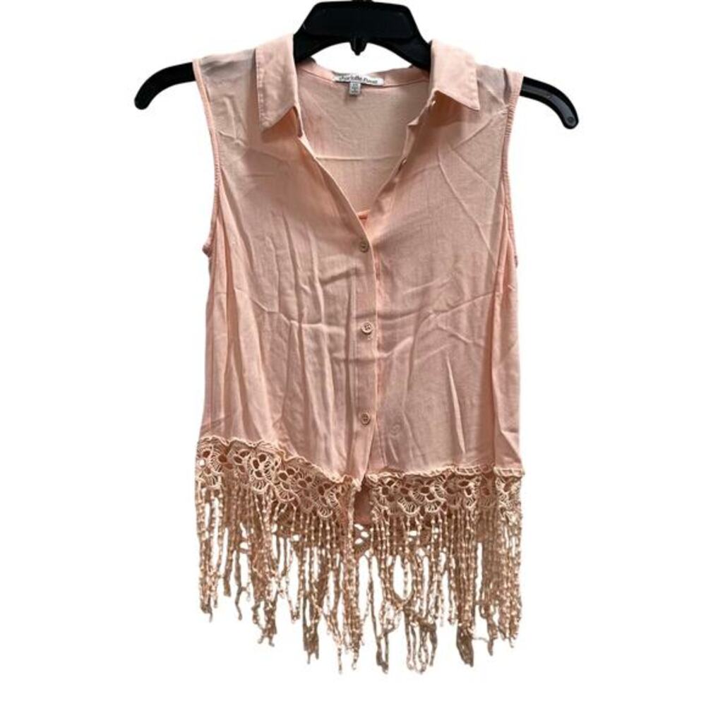 Charlotte Russe sleeveless button-down blouse crochet fringe festival boho sz XS